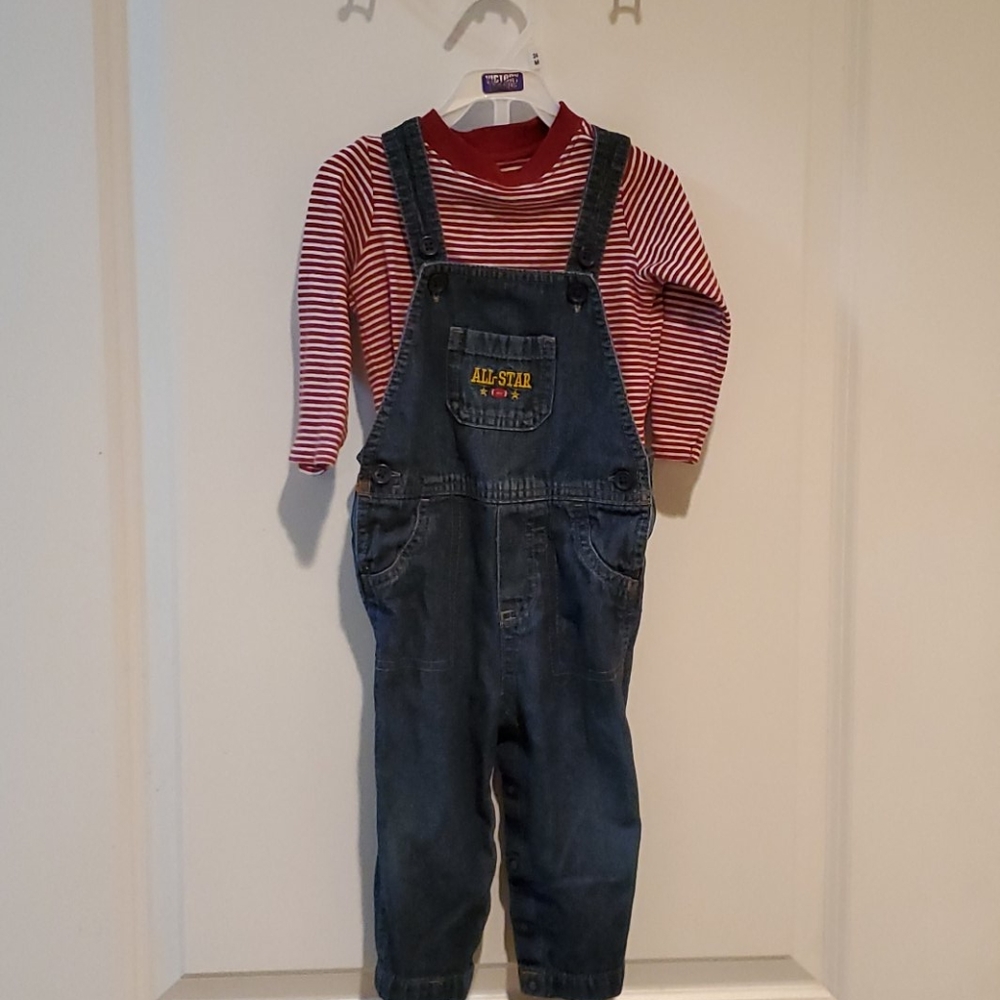 Bib Overalls with Red Stripped Shirt